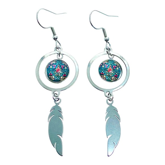 Emerald Forest Feather Round Earrings - Picture 2 of 5